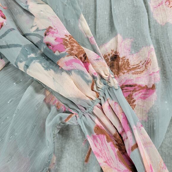 Express Wrap Dress Womens S/M Green Floral Watercolor Sheer Tiered Long Maxi - Picture 16 of 16